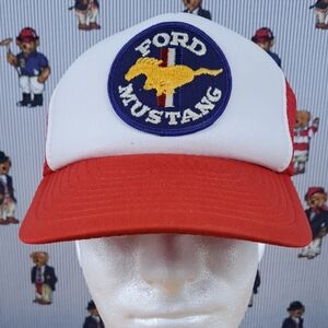 Vintage 80s Ford Mustang patched red & white mesh foam panel trucker hat cap